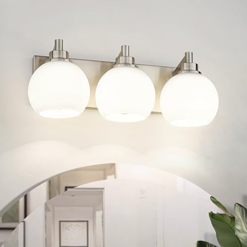 Image of Bathroom Light Fixtures, 3-Light Brushed Nickel Vanity Light, Modern Wall Sconces with Milk White Globe Glass Shade, Vanity Lighting Fixtures Over Mirror, VL195-BN-ML-3