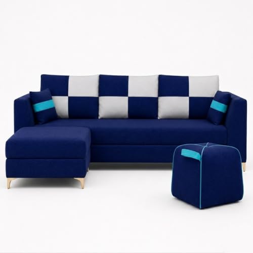 Image of FURNY Signature Cresta 5-Seater L-Shape Sofa Set with Movable Ottoman & Suri Pouf | Flexible LHS /RHS Layout | Boston Fabric | 40D Foam + Zigzag Spring | 3-Yr Warranty (Midnight Blue, Light Grey)