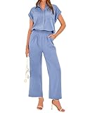 PRETTYGARDEN Two Piece Outfits For Women 2024 Trendy Lounge Wear Open Front Blouses Elastic High Waist Long Pant Suits(Solid Sky Blue,Medium)