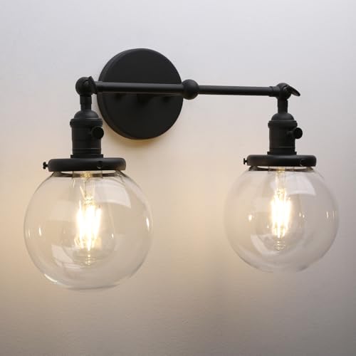 Image of Phansthy Vintage Wall Sconce with Switch, 180 Degree Adjustable Hardwired Bathroom Vanity Light, Industrial Wall Light with 5.9 inch Globe Glass Shade for Living Room Kitchen (Black, 2-Light)