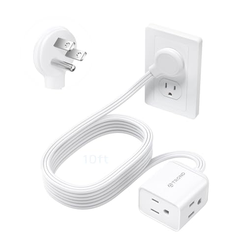 Image of TROND Flat Extension Cord 10ft - Left Angled Flat Plug Power Strip, ETL Listed, 3 Plug Extension Outlets, Three Prong, SPT 16 /3 Gauge, 13A, Compact for Tight Spaces Indoor Home Office Kitchen, White