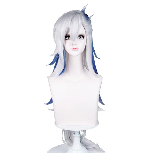 Image of Max Beauty White & Blue Cosplay Wig with Bangs, Women Long Straight Hair Daily Wig for Cosplay Synthetic Hair for Halloween Costume Party Hair Wig + Wig Cap