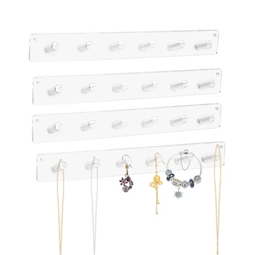 Axigundaone 4 Pcs Acrylic Necklace Holder Wall Mounted, Clear Necklace Organizer with 6 Hooks, Clear Acrylic Jewelry Hanger Hooks for Bracelets, Chains, Rings