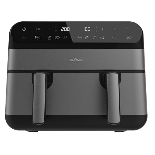 Cecotec Friteuse à Air sans Huile Air Fryer 9L Cecofry Advance 9000 Full Inox. 2800W, 2 Cuves de 4,5L avec Séparateur, Sync, 8 Menus, Température 30-200ºC, PerfectCook, Acier Inoxydable, Panneau