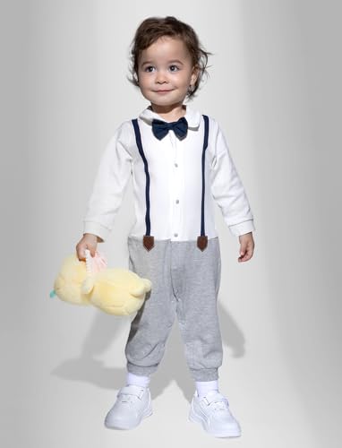 Patpat Baby Newborn Infant Boys Gender Neutral Long Sleeve Button White Bow Tie Romper Jumpsuit Outfits Clothes 9-12 Months thumb #1