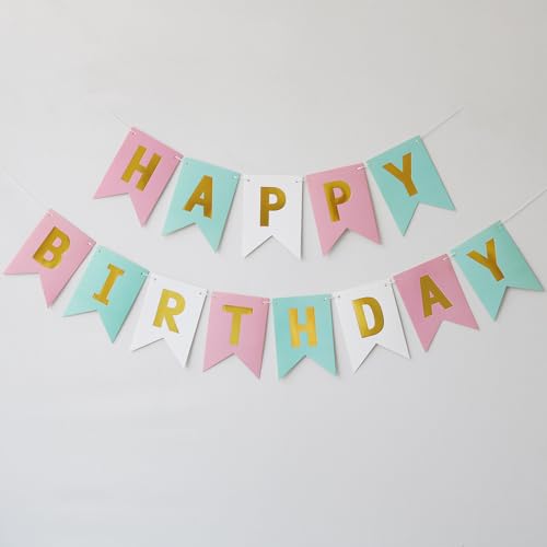 Image of Happy Birthday Banner Birthday Party Supplies Garland Decorations Pink White Light Green Birthday Signs Nursery Hanging Decor (Tricolor)