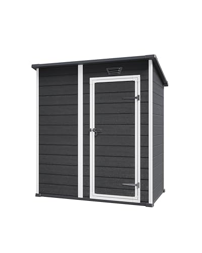 Image of Keter Essential Shed 4x6 Resin Outdoor Storage Shed Ideal Storage for Patio Furniture, Garden Tools Bike Accessories, Beach Chairs and Lawn Mower, Black and White