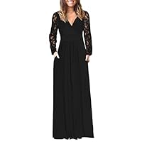 WNEEDU Womens Fall Dresses 2025 Lace Long Sleeve Maxi Dress V Neck Wrap Waist Casual Long Dress with Pockets Black L