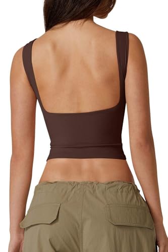 QINSEN Sleeveless Crop Tank for Women High Neck Open Back Double Lined Cropped T Shirts Coffee Bean M