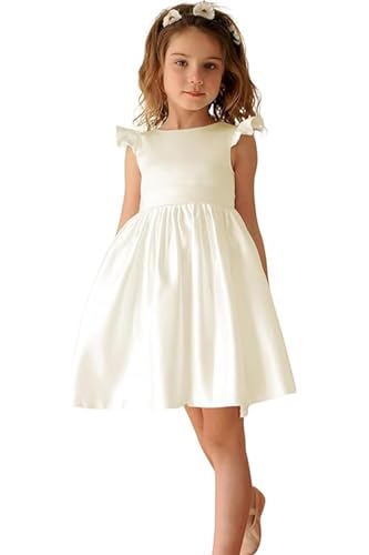 Satin Pearls Flower Girl Dress for Wedding Kids Round Neck Princess Pageant Guest Bowknot Prom Ball Gowns Tutu Dress