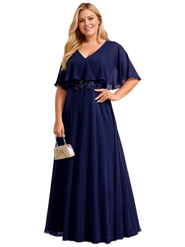Ever-Pretty Plus Women's Ball Gown V-Neck A Line Chiffon Applique Shawl Short Sleeves Maxi Plus Size Formal Dresses 02289-DA