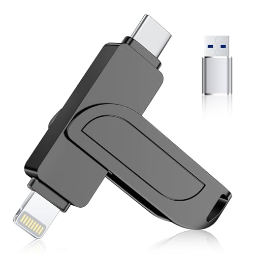 Pendrive 128GB para iPhone Apple Autorizada,Memoria USB C 180MB/s con MFi Lightning, Backup con IA Fotos y Videos,Memoria USB Externo para iPhone/iPad/OTG Android/Mac/PC,Gris,Negro