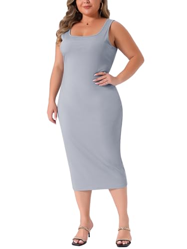 Image of Agnes Orinda Plus Size Dress for Women Summer Sleeveless Square Neck Bodycon Cocktail Sundress Sexy Midi Tank Dress
