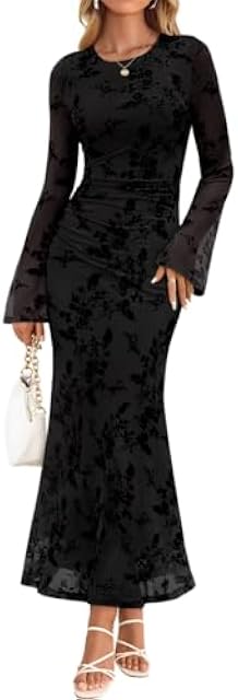 ZESICA Women's Long Sleeve Floral Bodycon Dress 2026 Spring Fall Ruched Mesh Wedding Guest Cocktail Party Maxi Dresses, Black, M