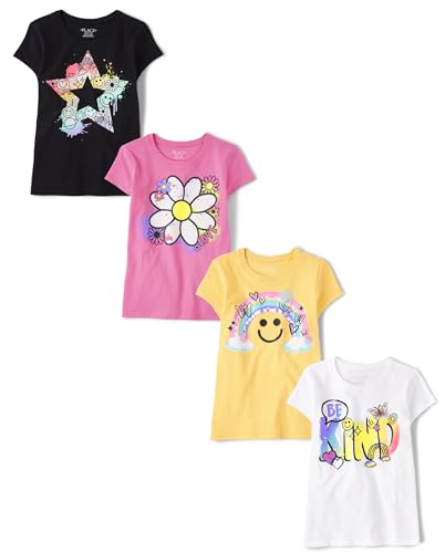 The Children's Place,Short Sleeve Graphic T-Shirt 4-Pack,Rainbow Smile/Star Smile/Be Kind/Flowers,XXLarge(16)