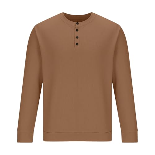 Long Sleeve Shirts for Men Round Neck Button Henley Shirts Trendy Solid Color Waffler Sweatshirt Casual Slim Fit Shirt4