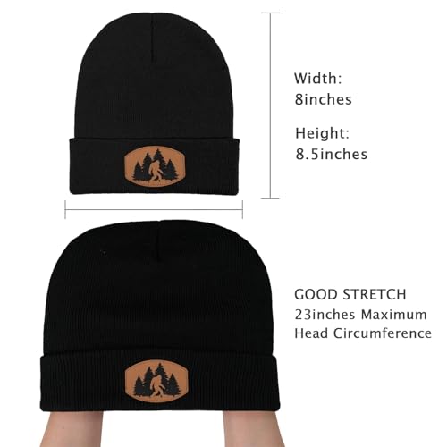 Image of Big Foot Beanie Hat, Sasquatch Leather Patch Winter Knit Skull Cap Bigfoot Gifts for Adult Men Women