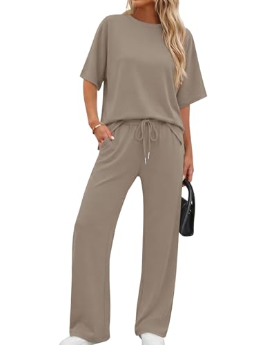 XIEERDUO Women Plus Size Lounge Sets 2 Piece Summer Outfits Spring Loungewear Wide Leg Tracksuits Travel Sweatsuits Airport Track Suits Vacation Clothes Cruise Wear Matching Clothing Khaki 3XL
