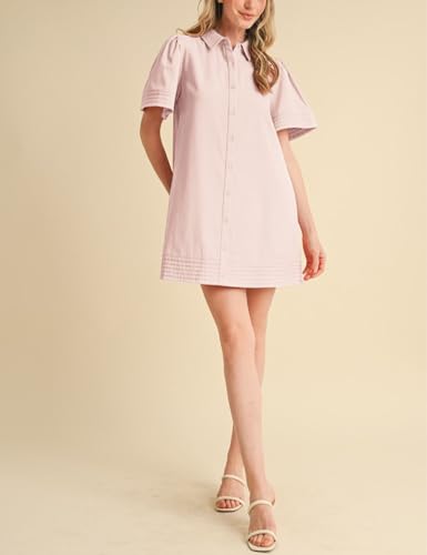 Image of Womens Short Sleeve Button Down Mini Shirt Dress Lapel Collar Short Dresses with Pocket
