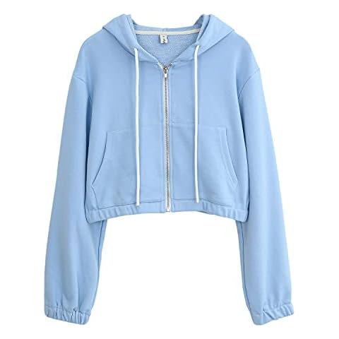 Amazhiyu Zip Up Hoodie Pocket Casual Crop Hooded Long Sleeve Top Sweatshirts Outwear Women Girl Ladies(Blue,Small) Cover