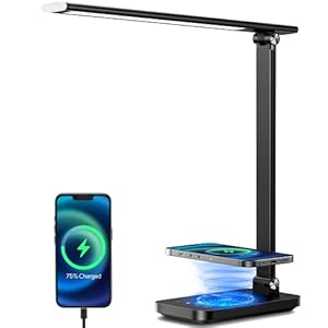 Lampada da scrivania LED con 10W Ricarica Wireless e Porta di Ricarica USB, Lampada da Tavolo Protegge l’occhio, 4 Modalità di Illuminazione 5 Livelli di Luminosità, Pieghevole, Controllo Touch, Timer