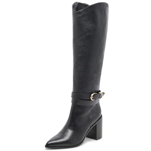 WIRALOMI Knee High Boots for Women Pointed Toe Chunky Heel Boots Metal Buckle Boots with Side Zipper