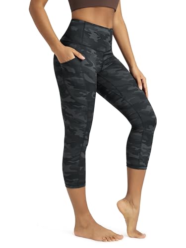 ODODOS Women's High Waisted Printed Yoga Capris with Pocket, 21" Tummy Control Non See Through Workout Sports Running Athletic Cropped Capri Leggings, Camo Dark Gray, X-Large