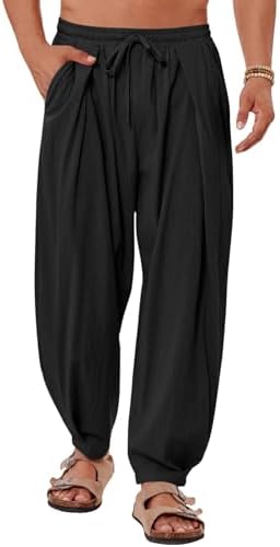 Gafeng Mens Linen Yoga Pants Casual Baggy Harem Boho Tapered Trousers