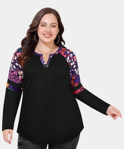 Image of CARCOS Plus Size Tops for Women Long Sleeve Fall Tunic Color Block Camo /Plaid /Leopard /Fall Blouse Crewneck Tshirt XL-5XL