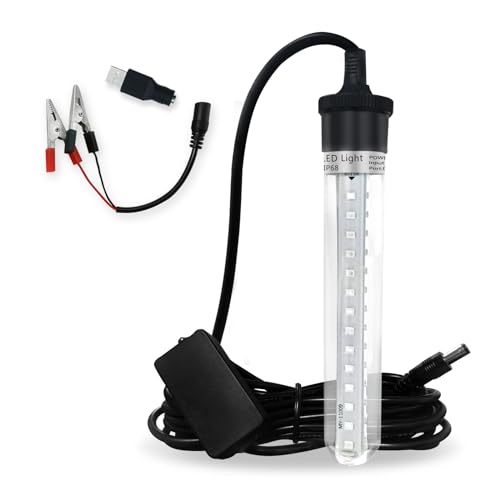 XINHAOHANG Led Fishing Light,Ice or Night Fishing,Battery Clip 12V 6.5W 800LM IP68 5M,Underwater Submersible Lure Lamp,Attractants for Squid,Crappie,for Dock,Fresh & Salt Water(Blue)