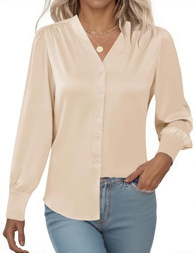 Rapbin Damen V-Ausschnitt Casual Satin Bluse Langarm Party Oberteil 2025 Basic Causal Satinblusen mit Knöpfen Champagner