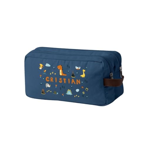 DEREGALOOS Neceser Infantil Personalizado con Nombre Dinosaurios. Canvas Resistente Azul o Beige con Doble Compartimento y Asa en Polipiel. Organizador Viajes Aseo Colegio (Azul - Dinosaurios)