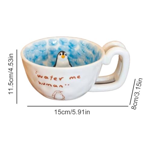 Cute Cartoon Seal Ceramic Mug,Handmade Coffee Cup with 3D Swimming Seal Figure,Novelty 3D Standing SealFigurine InsideCup With Textured Ocean Beach Seashell Saucer,'Water Me Human' Design,For Coffee - Image 9