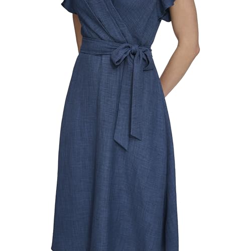 Image of DKNY Women's Flutter Sleeve Tie Fit & Flare Midi Dress