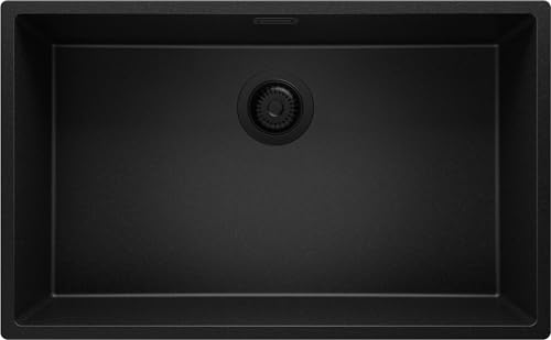 PRIMAGRAN Fregadero bajo Encimera Todo Negro 76x47cm, Cocina 1 Seno + Sifón, Granito al mueble 80cm - London S229