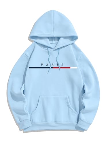 ZAFUL Men's Hooded Sweatshirt Graphic Colorblock Two Tone Fleece Lined Pullover Thermal Hoodie (PARIS-Light Blue, XL)