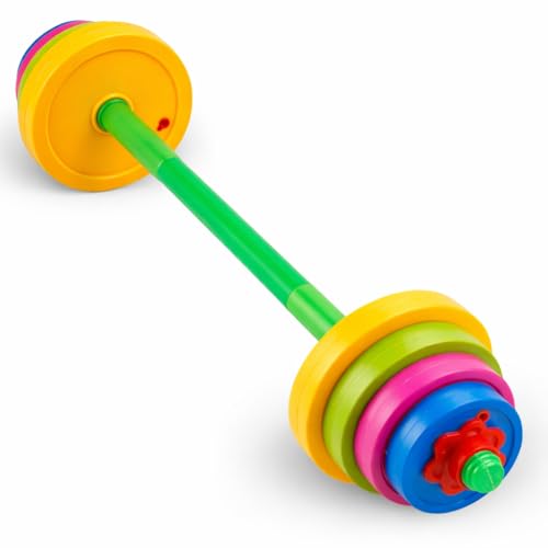 Image of Liberty Imports Kids Barbell Weight Set - Adjustable Workout Toy Equipment for Children Pretend Play Exercise - Toddler Beginner Gym, Fitness, Weightlifting and Powerlifting (32 inches), multicolored
