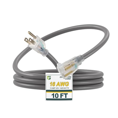 EP 10 Ft 16/3 SJEOW Heavy Duty Extension Cord, Grey Power Cable with LED Lighted Plug & 3-Prong Grounded Plug, Water-Resistant for Indoor/Outdoor Use, Lawn, Garden, Appliances & Tools