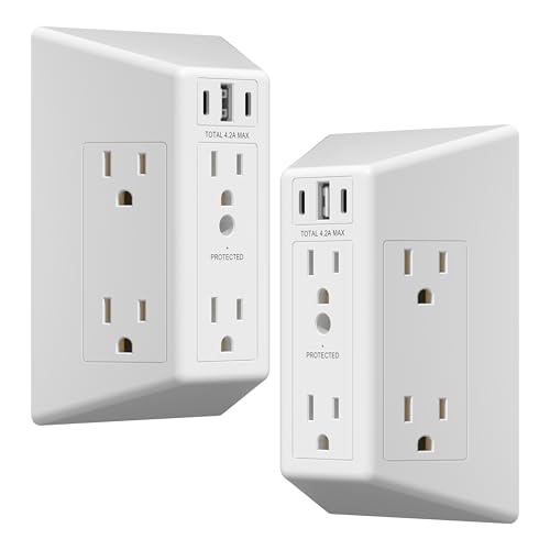 LIDER 6 Outlet Surge Protector Extender with 20W 4.2A 3 USB Type A/C Chargers, Tamper-Resistant Receptacle, 1500 Joules, Multi Plug Wall Charger for Home Office, White, 2 Pack -  LEO-642AC2-W2P