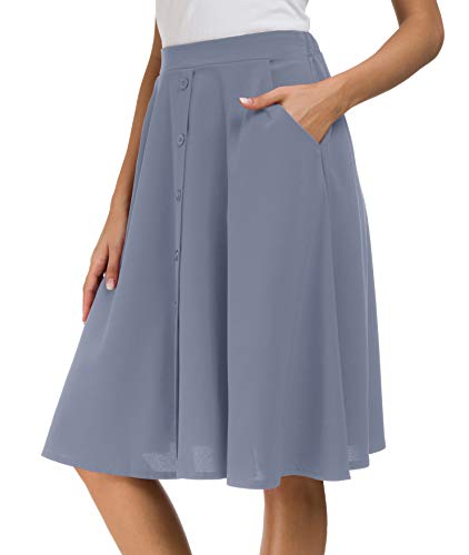 Sinono Womens Casual Pleated High Waisted A Line Midi Button Front Skirts with Pockets