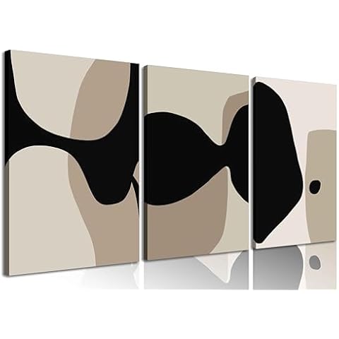 3Pcs Black and Beige Canvas Wall Art Minimal Neutral Abstract Posters Pictures Boho Black Lines Paintings Mid Century Modern Prints for Bedroom Living Room Farmhouse Gallery Wall Decor Framed Cover