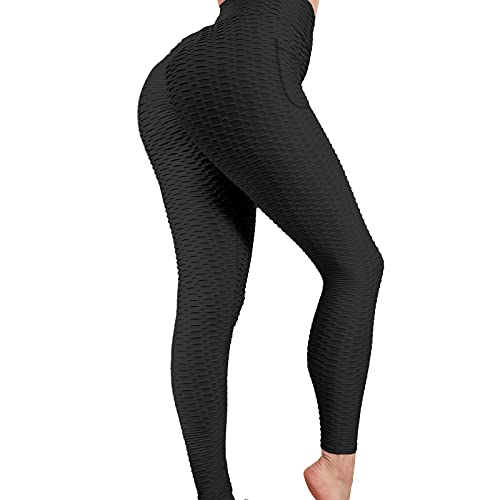 FLWWSO Butt Lifting Anti Cellulite Leggings for Women High Waisted Yoga Pants Workout Tummy Control Leggings(Black,Large)