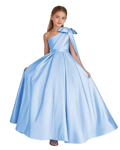 One Shoulder Satin Flower Girl Dresses Long Pageant Dresses for Girls Communion Formal Ball Gown with Bow