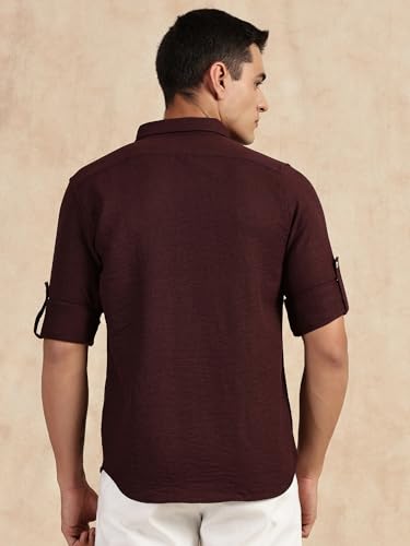 Image of Thomas Scott Men's | Solid | Textured Fabric | Full Sleeve | Slim Fit | Polyester-Blend | Spread Collar | Casual Shirt