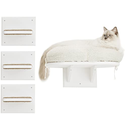 Novecrafto Estante para gatos montado en la pared con 3 escalones de escalada, estante de plataforma de madera maciza con cojín extra suave, cama blanca para gatos Cover