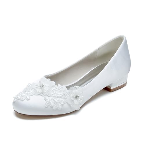 Comfortable Women's Ivory Lace Wedding Flats Round Toe Bridal Shoes Slip-On Ballet Flats with Embroidery Lace Flowers