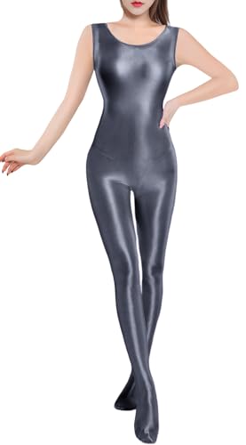 Women's Shiny Oil Glossy Full Bodysuits Sexy Back Zipper Body Tights Sleeveless High Stretch Catsuit One Piece Leisure Jumpsuit Grey XL