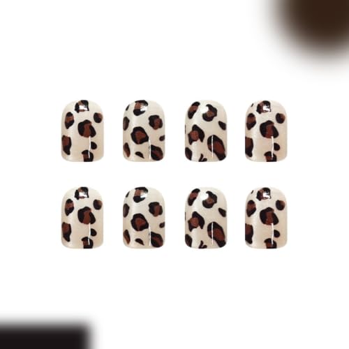 Image of Leopard Print Nail Press ons Glitter Press on Nails Short Square Fake Nails | Fall Winter False Nails with Brown Black Design Reusable Shiny Glossy Full Cover Stick on Nails for Women Cool Manicure 24Pcs