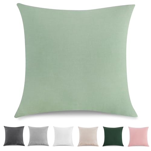 TOCOMOA Lot de 2 housses de coussin 40 x 40 cm - 100 % coton lavé - Certifié Oeko-TEX - Aspect lin et respirant - Vert menthe - Avec fermeture éclair