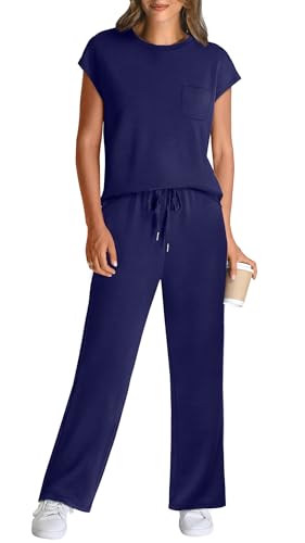 Image of WIHOLL 2 Piece Sets for Women Casual Summer Travel Vacation Outfits Cap Sleeve Lounge Set